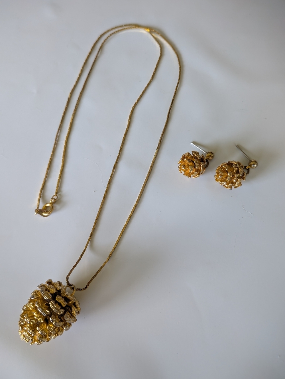 Gold Pinecone Pendant Necklace and Earrings Set